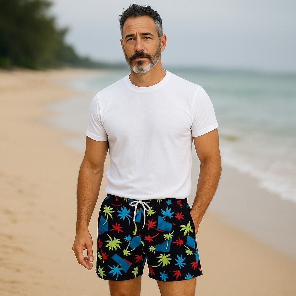 EDGAR + ASH Men's Multicolored Palm Trees Swim Trunks Swimsuit Size LARGE Shorts